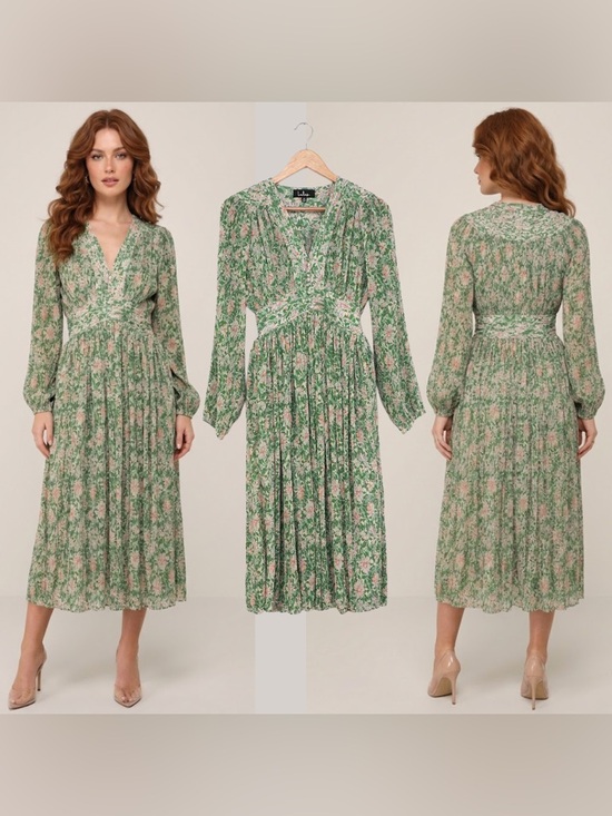 Lulus Dresses & Skirts - Green Floral V-neck Long Puff Sleeve Pintucked Midi Dress Pleated Wedding Garden